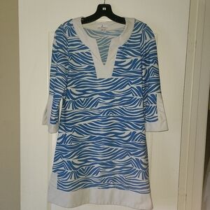 Jude Connally Holly Tunic Mini Dress Turquoise Blue & White Print